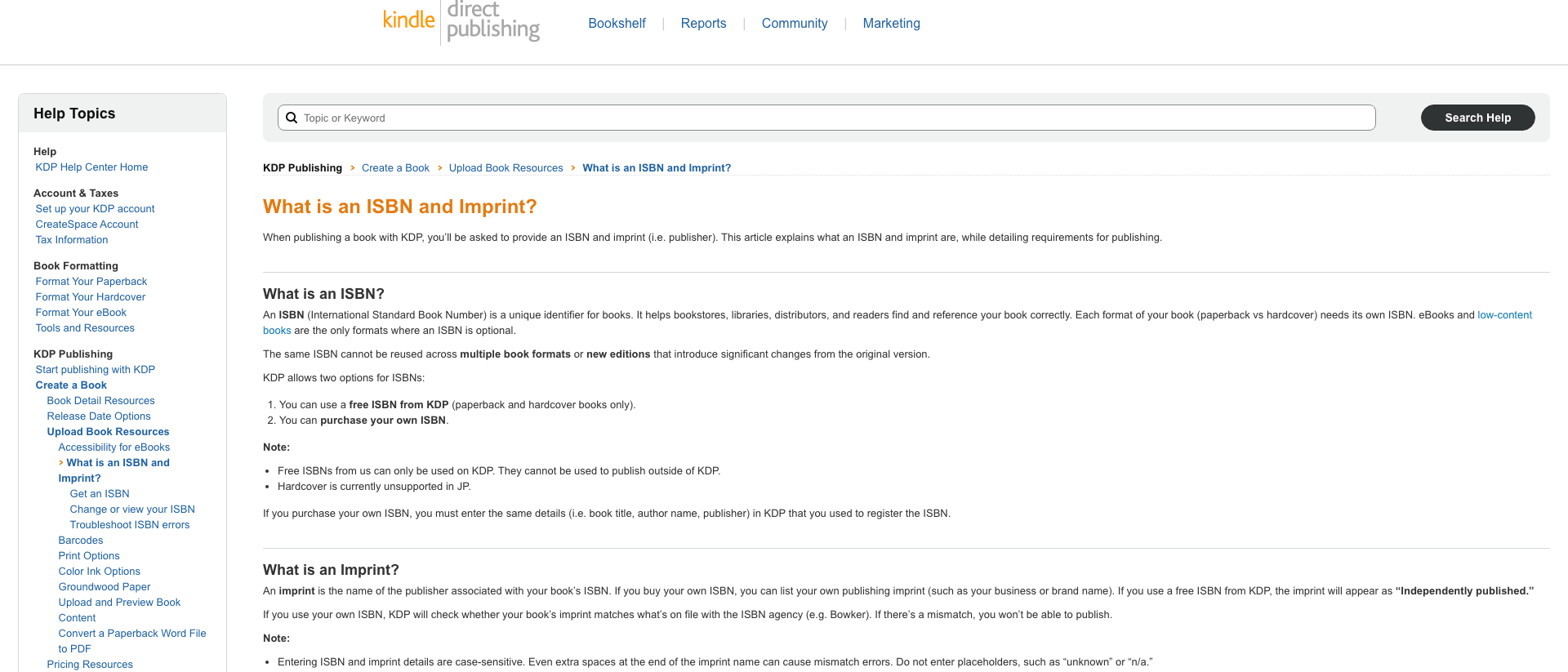 The official Amazon KDP help page explaining what an ISBN is, what an imprint is, and the two options KDP offers self-published authors.