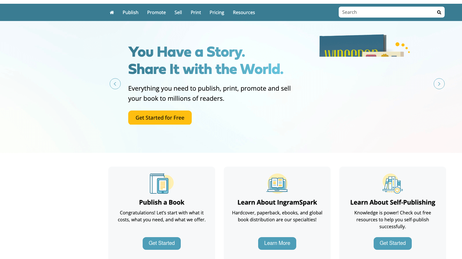 IngramSpark homepage showing book publishing, printing, and distribution services for self-published authors.