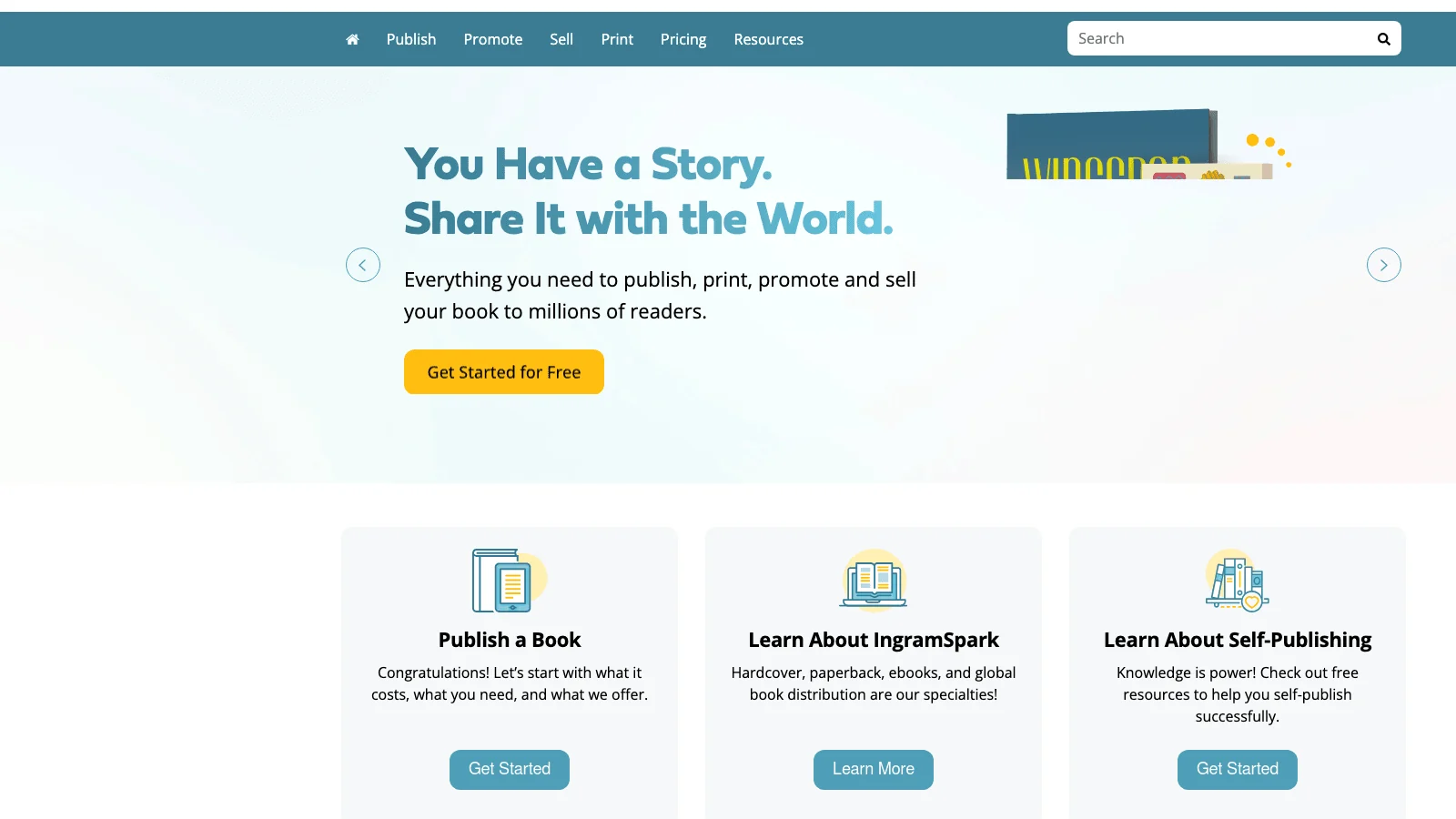 IngramSpark homepage showing book publishing, printing, and distribution services for self-published authors.