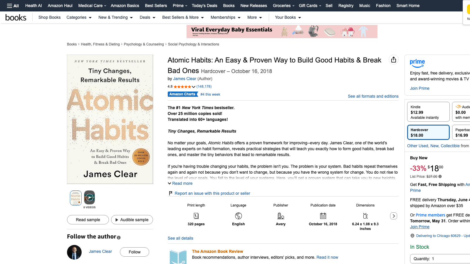 Amazon product detail page for Atomic Habits showing ISBN, page count, language, and publisher fields under the listing.