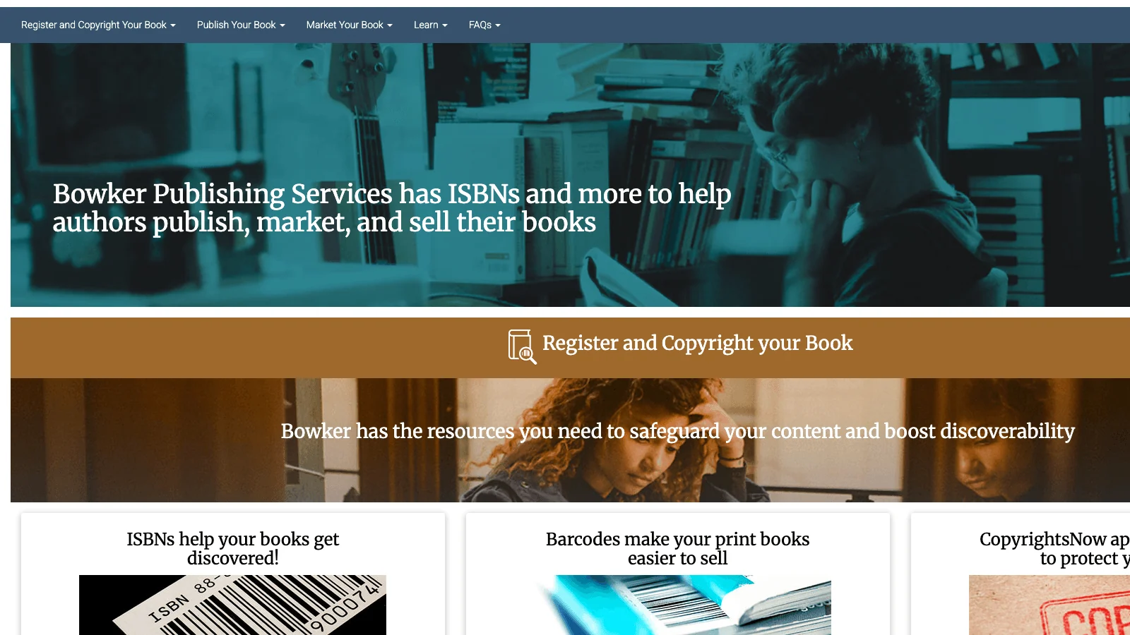 Bowker's MyIdentifiers.com homepage showing ISBN purchase options, barcodes, and copyright services for self-published authors.