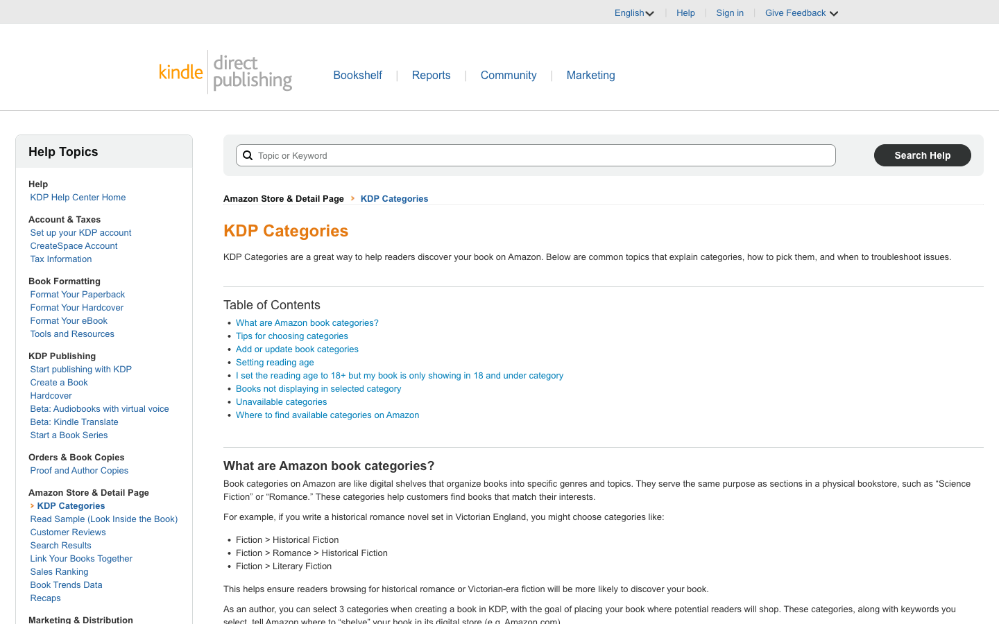 The Amazon KDP category selector showing the hierarchical browse-path interface where authors pick category, subcategory, and placement