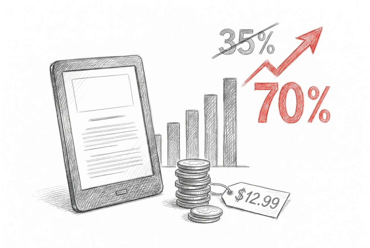Pencil sketch of an e-reader, a stack of coins and a $12.99 price tag, with 35% crossed out and a red 70% rising