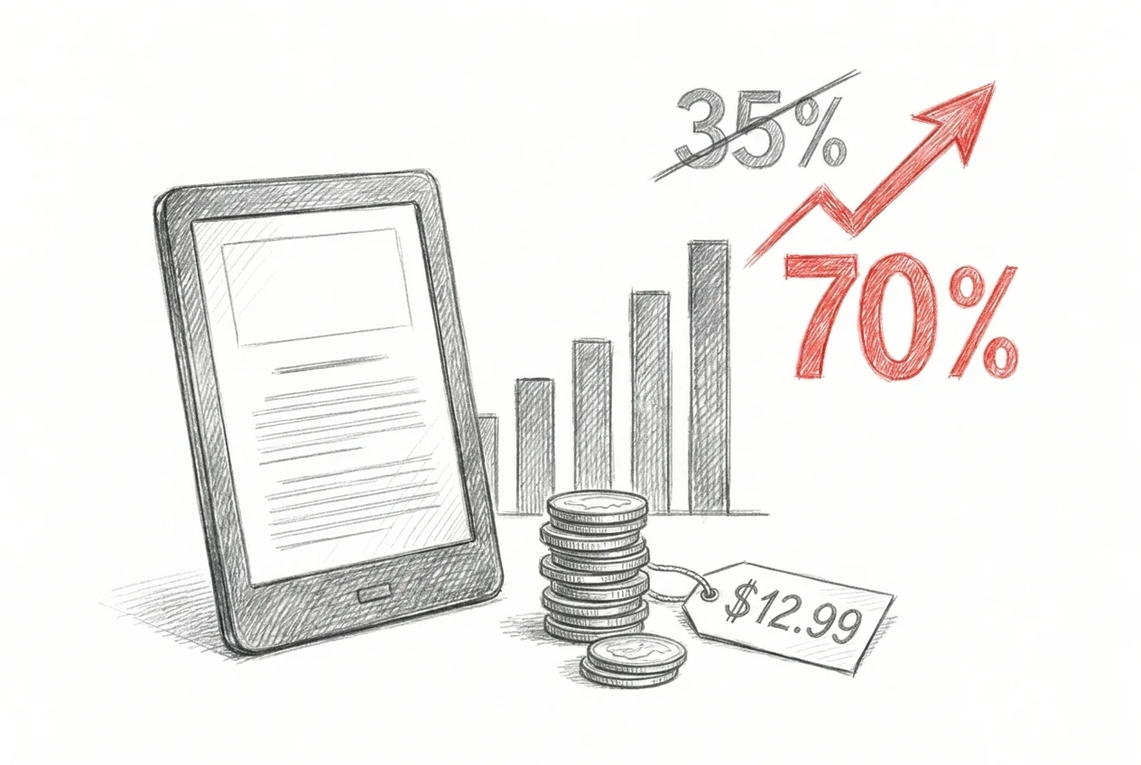 Bleistiftskizze eines E-Readers, eines Münzstapels und eines Preisschilds mit $12,99, 35% durchgestrichen und ein rotes 70% steigt auf
