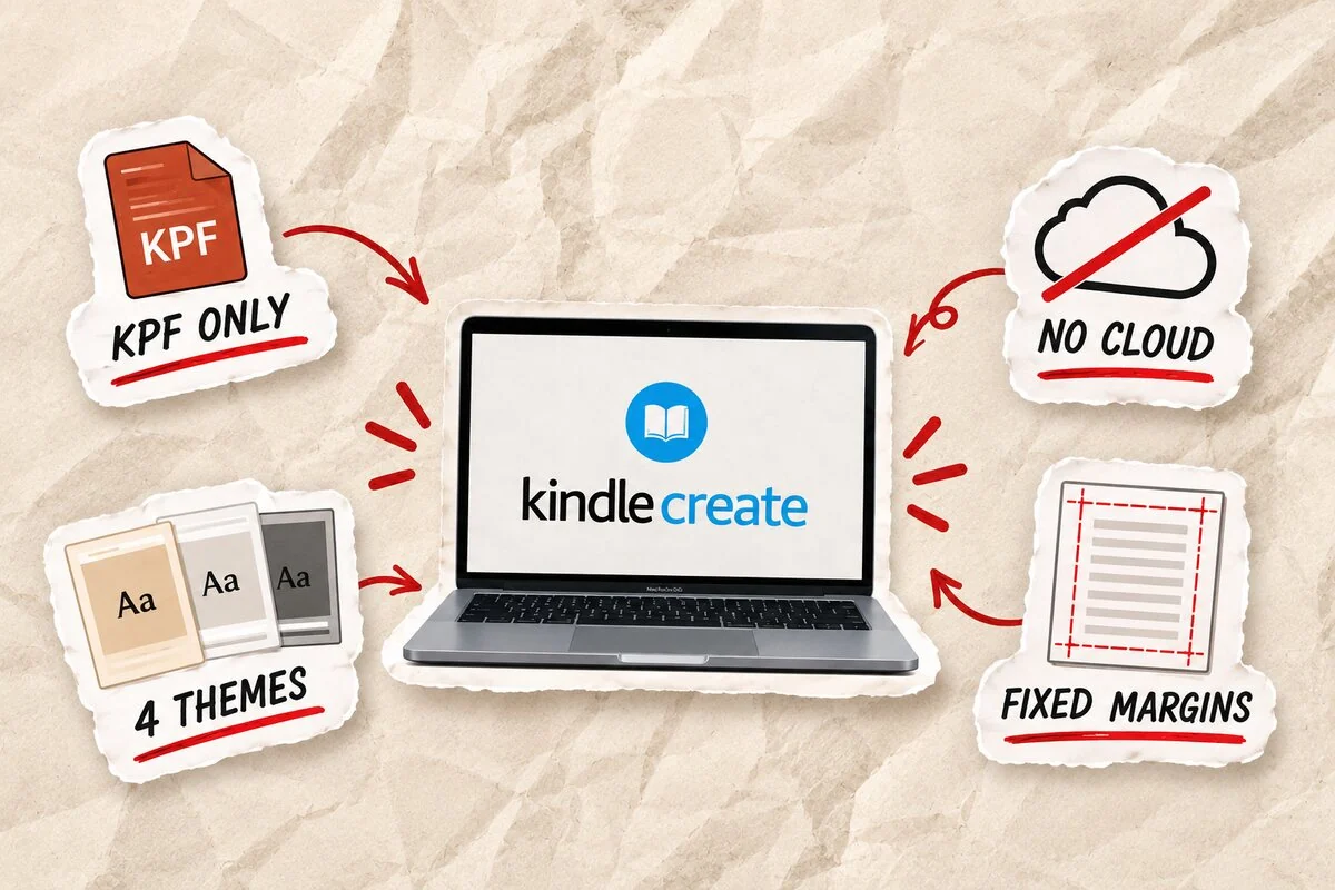 Kindle Create's four hard limits: KPF-only export, no cloud backup, four themes, and fixed margins