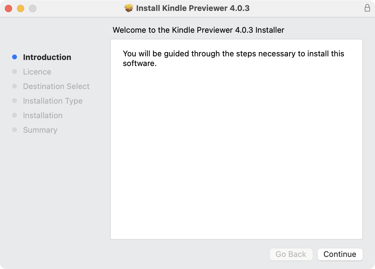 The macOS installer window titled Install Kindle Previewer 4.0.3, on its Introduction step with a welcome message and Go Back and Continue buttons