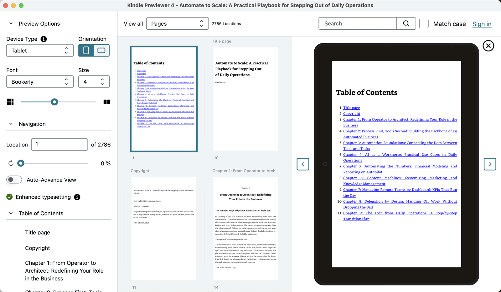 Kindle Previewer 4 Tablet view of Automate to Scale: A Practical Playbook for Stepping Out of Daily Operations, with a linked Table of Contents on screen, chapters in the left panel, and Enhanced typesetting checked