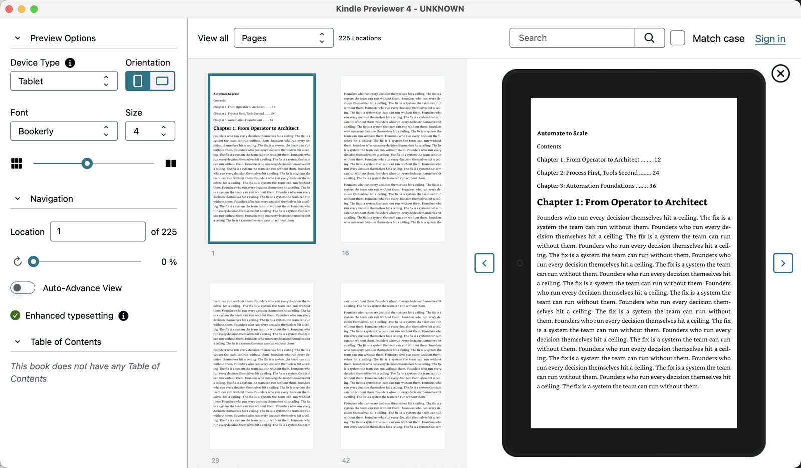 Kindle Previewer 4 window titled UNKNOWN: a typed contents list with dotted page numbers, then Chapter 1: From Operator to Architect on the same screen, and a left panel reading This book does not have any Table of Contents