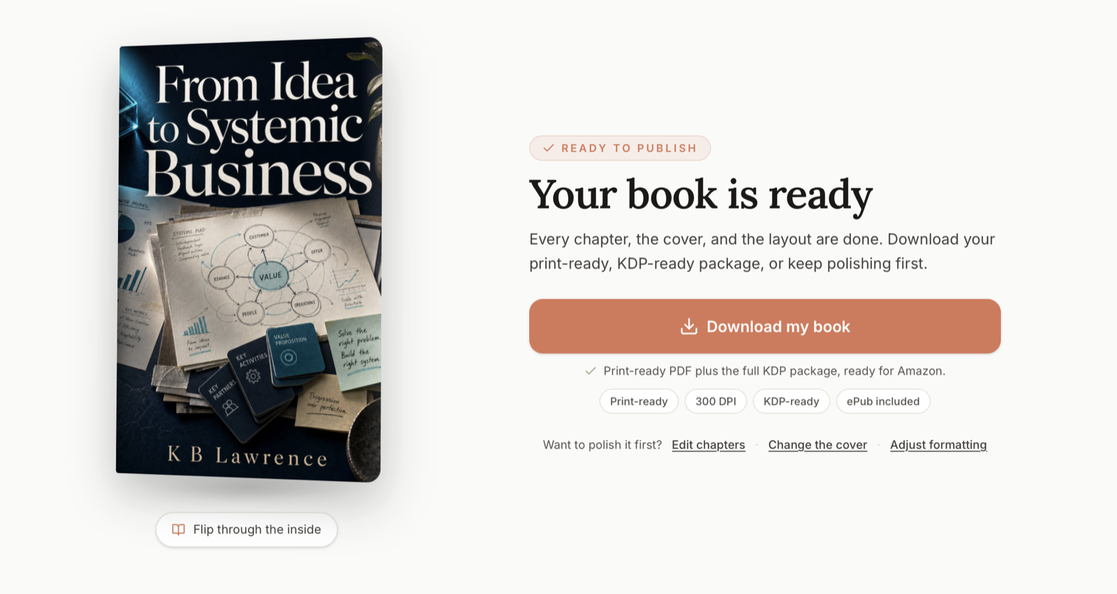 Built&Written's book completion screen showing a finished book with its cover, marked ready to publish, with a download button for the print-ready KDP package
