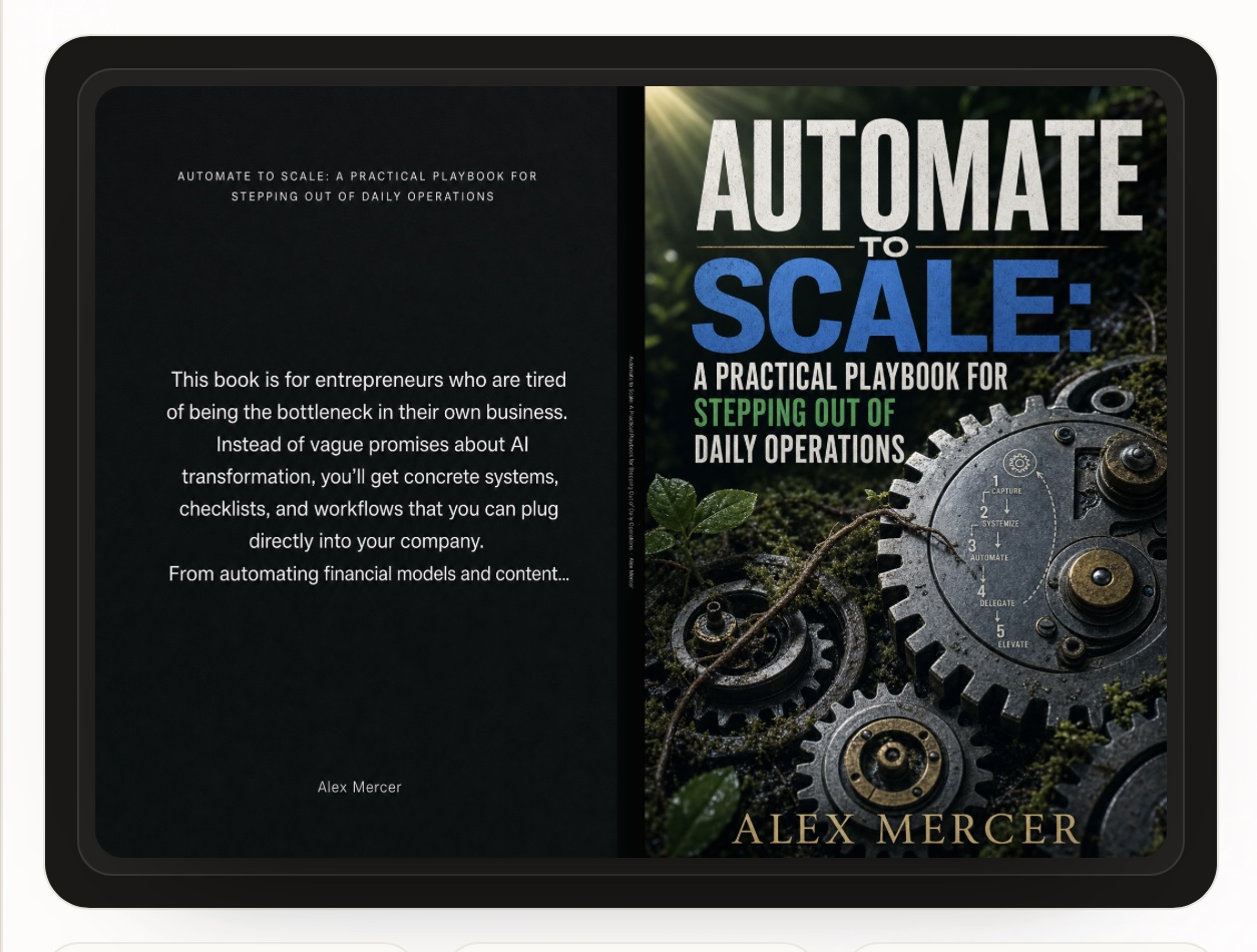 A complete front and back book cover spread generated with Built&Written, shown on a tablet, for a business book titled Automate to Scale
