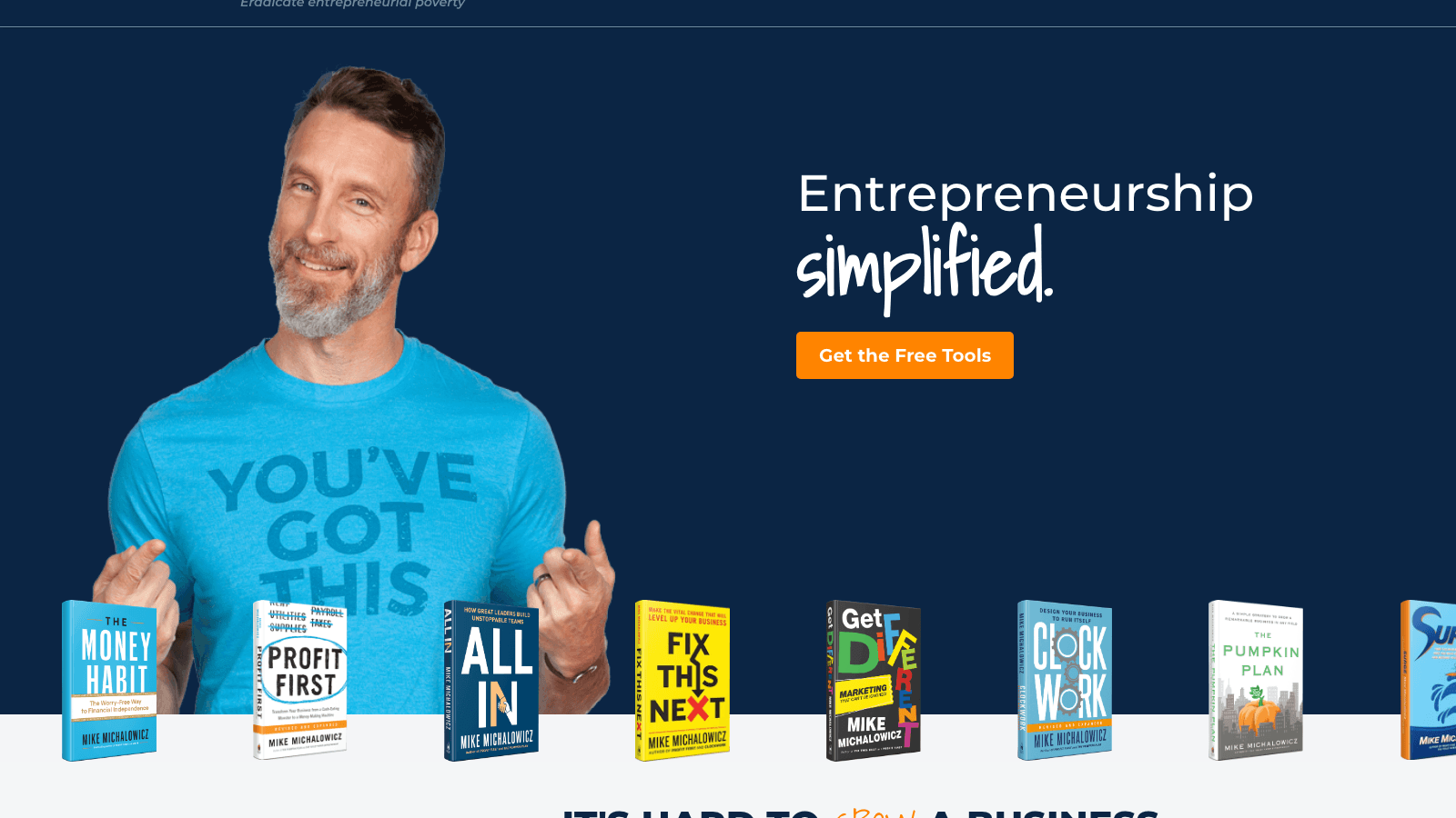 Mike Michalowicz author site showing the full book catalog (Profit First, All In, Fix This Next, Clockwork) anchoring a single coherent personal brand