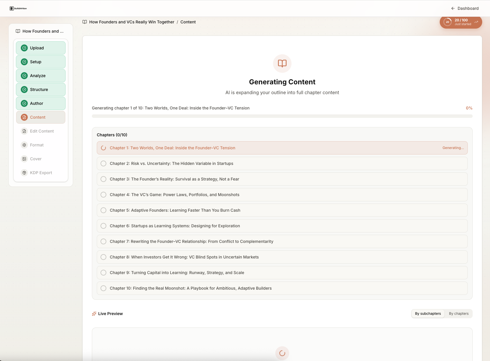 Built&Written generating content: chapter checklist with Live Preview