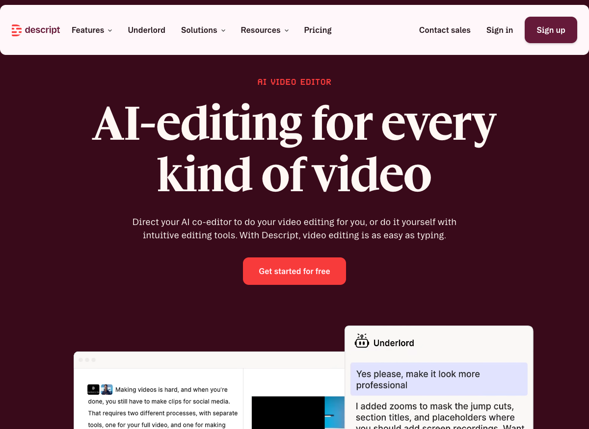 Descript homepage: AI video and audio editor with transcript-based editing