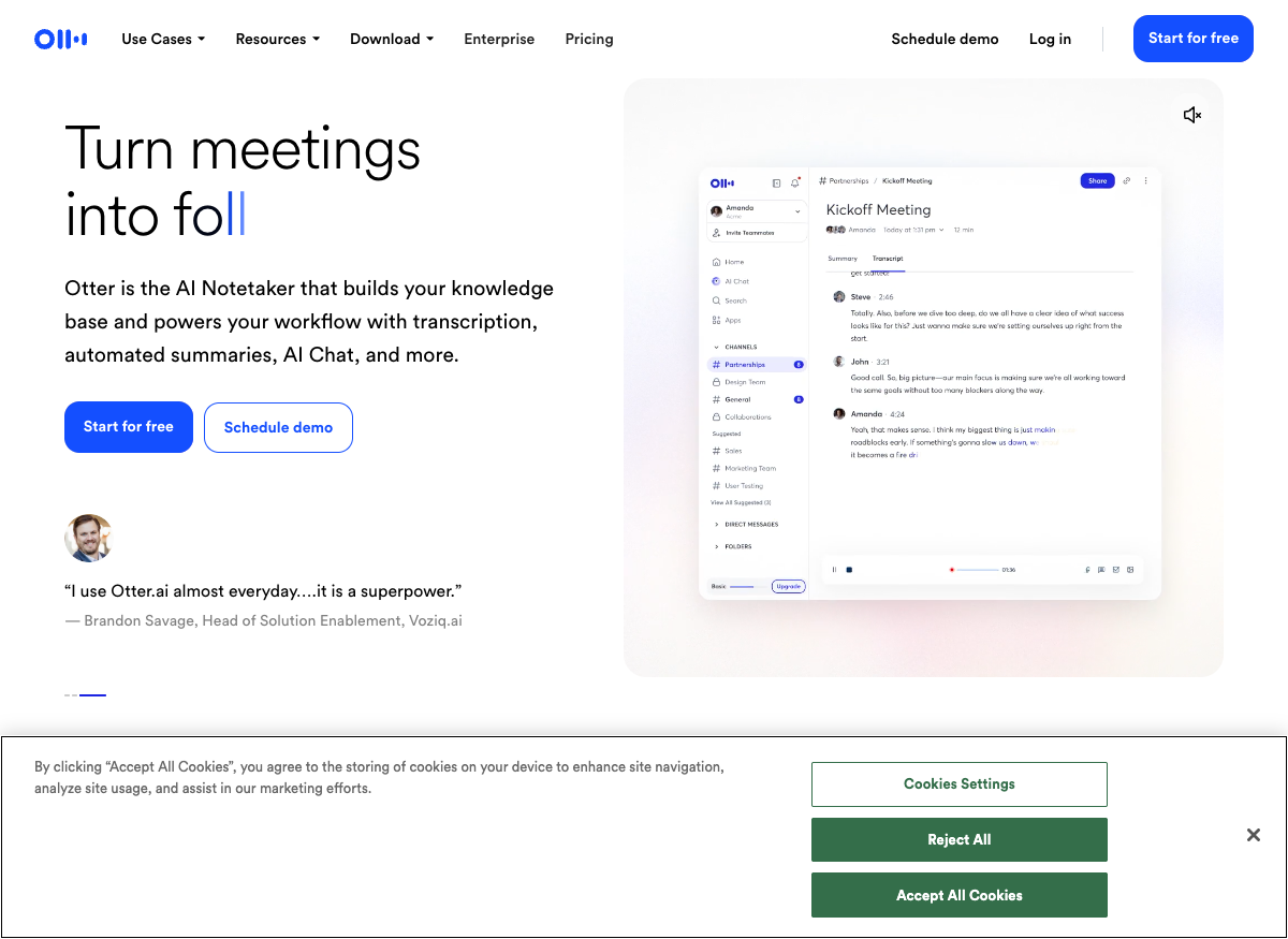 Otter.ai homepage: AI notetaker and transcription tool
