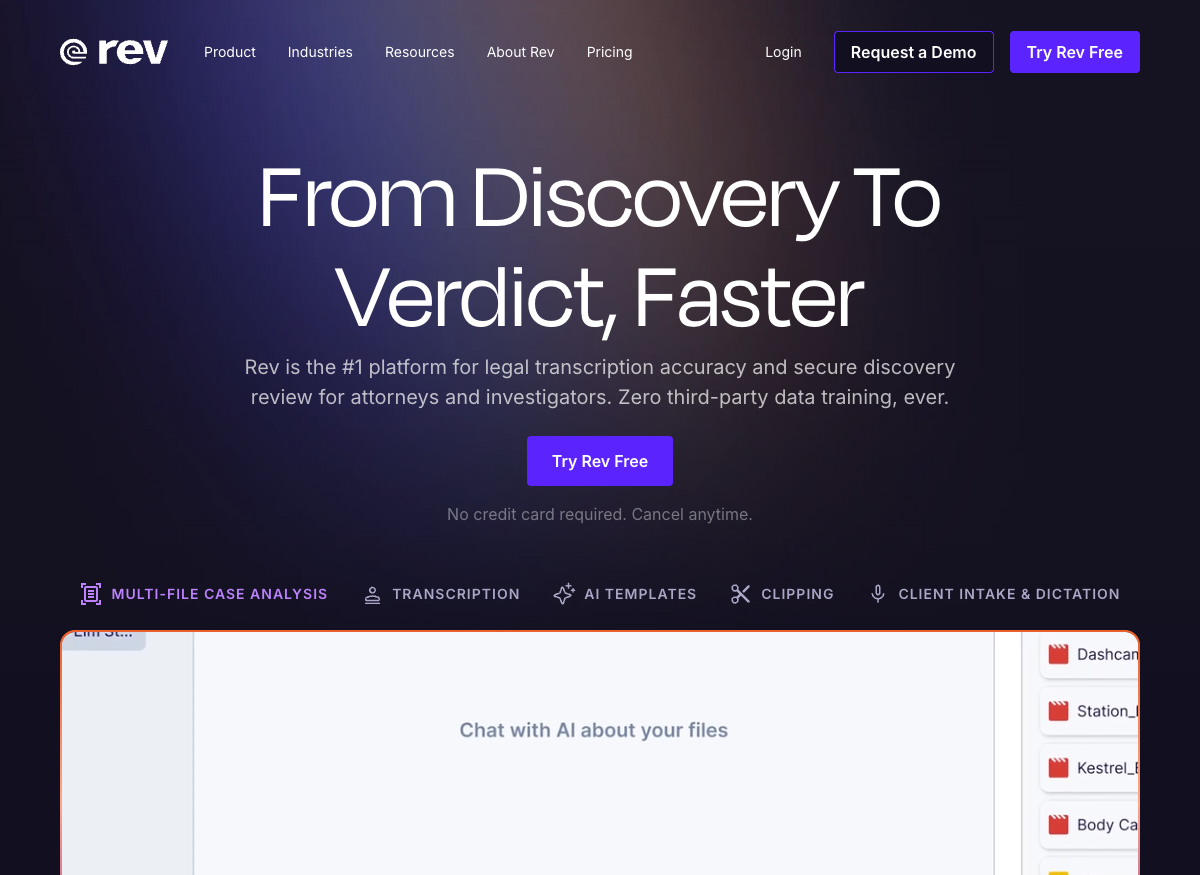 Rev.com homepage: human-reviewed transcription service
