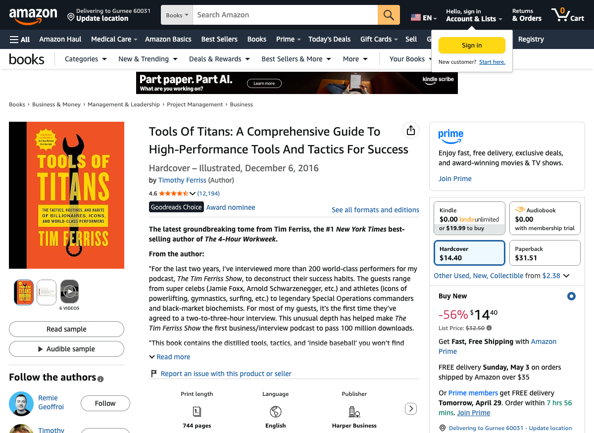Tim Ferriss Tools of Titans on Amazon: 744 pages, hardcover