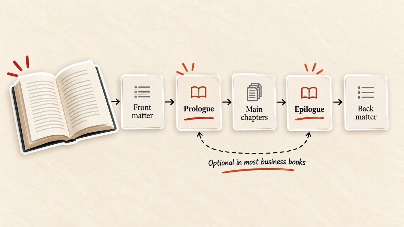 The order of a book: front matter, prologue, main chapters, epilogue, and back matter, with the prologue and epilogue marked optional in most business books
