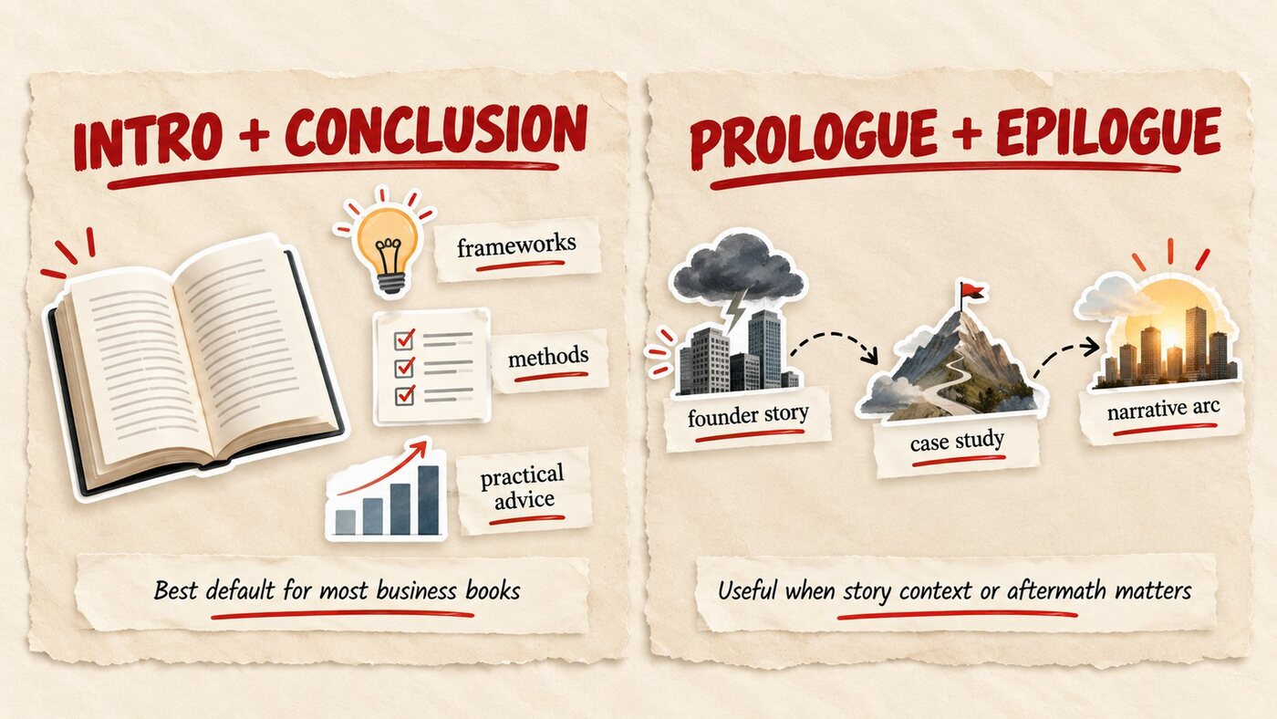 Two panels: introduction plus conclusion for frameworks, methods, and practical advice, the best default for most business books; prologue plus epilogue for a founder story, case study, or narrative arc, useful when story context or aftermath matters