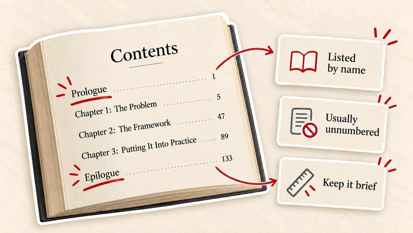 A book's contents page listing a prologue before Chapter 1 and an epilogue after the last chapter, with notes that they are listed by name, usually unnumbered, and kept brief