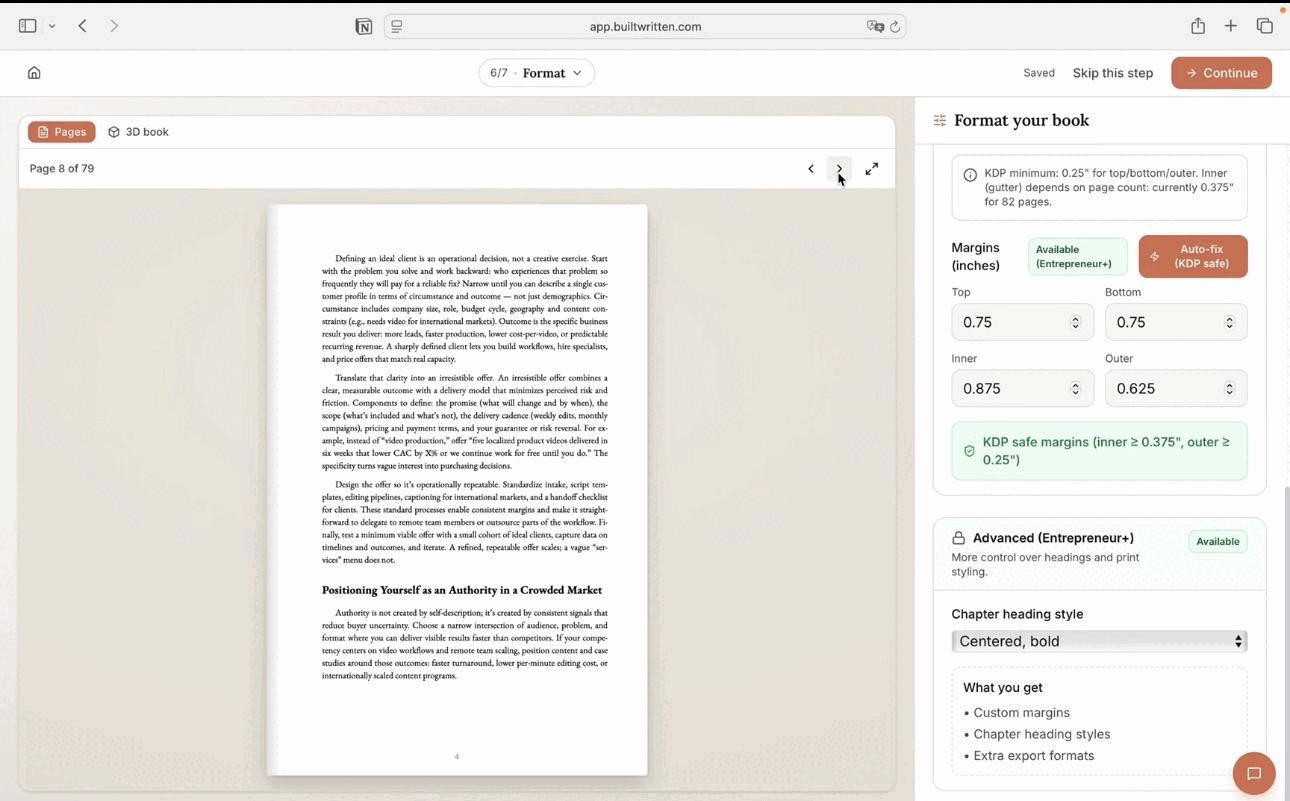 Built&Written Format step showing a book page preview and KDP-safe margin settings for top, bottom, inner, and outer margins