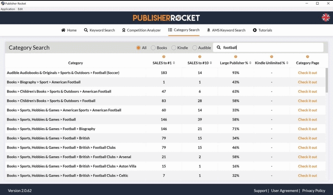 Publisher Rocket's Category Search table listing Amazon categories with the sales needed to reach number 1 and number 10 in each