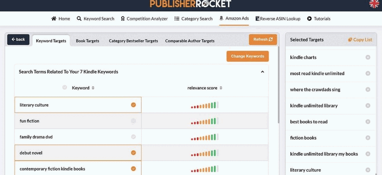 Publisher Rocket's Amazon Ads tool listing keyword targets related to seven Kindle keywords, with relevance scores and a Selected Targets list ready to copy
