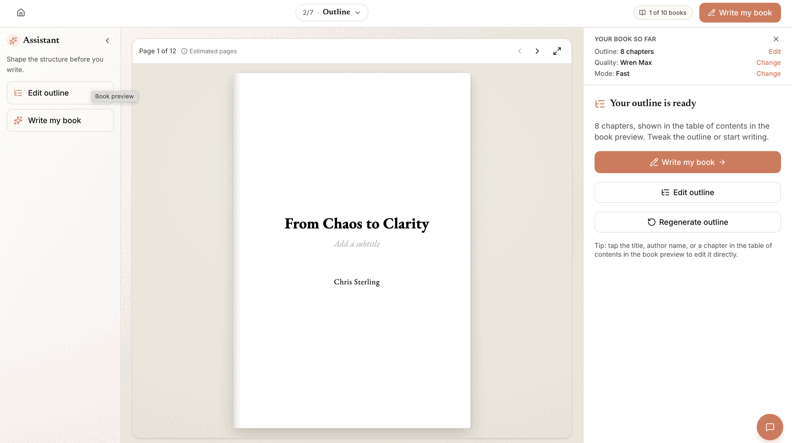 Built&Written outline step with the book preview for From Chaos to Clarity and options to write the book, edit the outline, or regenerate it