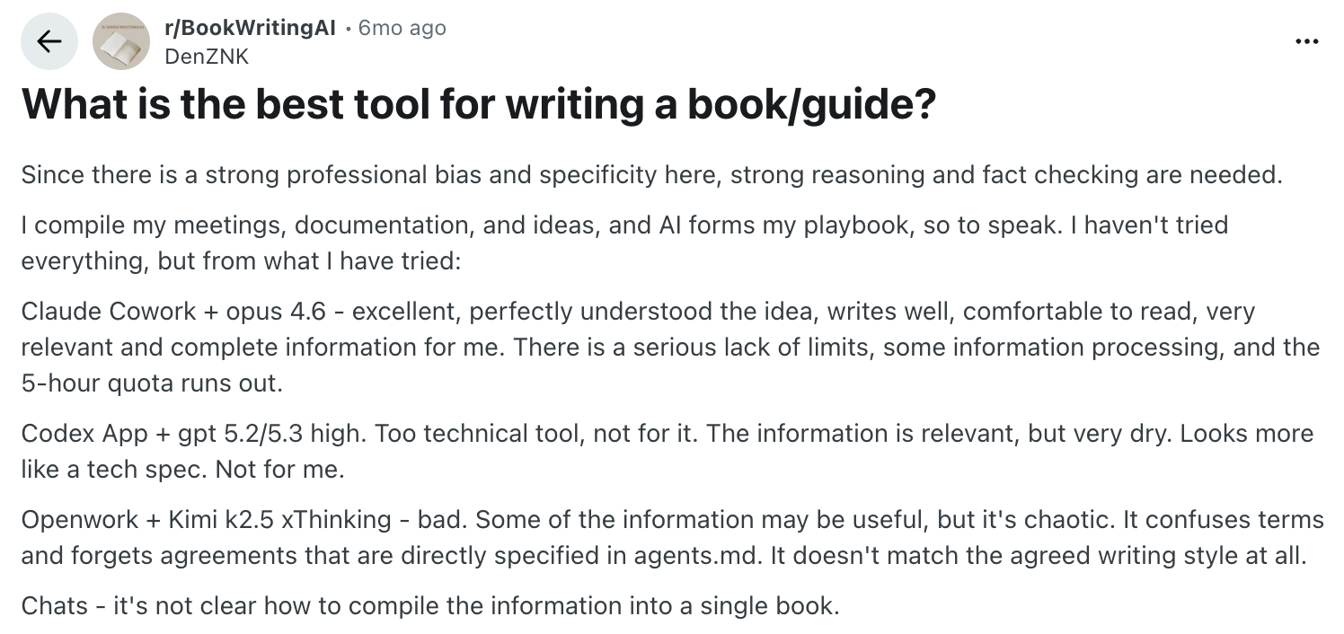 Reddit thread in r/BookWritingAI comparing AI tools for writing a book or professional guide from meetings and documentation