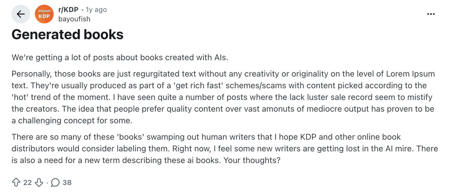 Reddit thread in r/KDP titled Generated books, criticizing low-effort AI-generated books flooding KDP