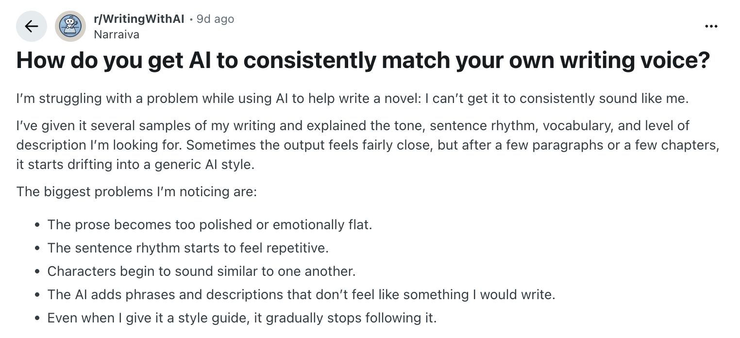 Reddit thread in r/WritingWithAI asking how to get AI to consistently match your own writing voice