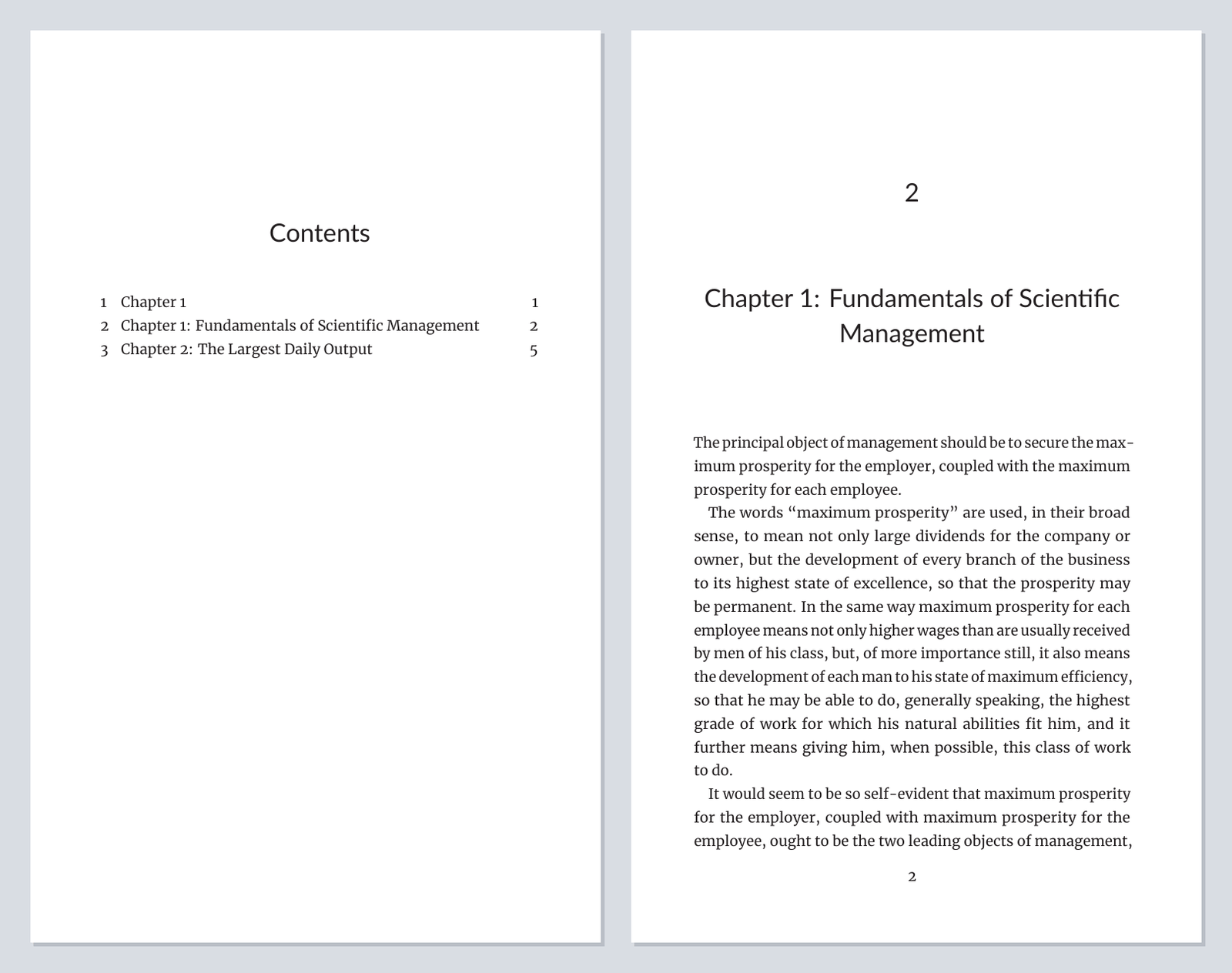 Two pages of the Reedsy PDF export: a Contents page listing Chapter 1, then 2 Chapter 1: Fundamentals of Scientific Management, and the chapter opener numbered 2 above its own Chapter 1 title