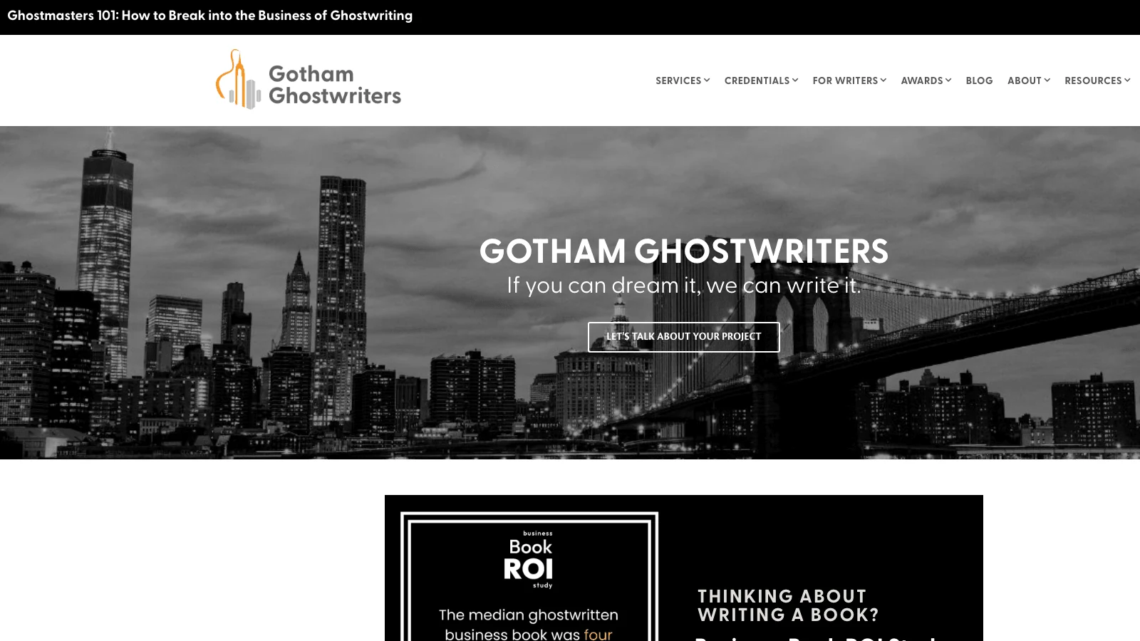 Gotham Ghostwriters homepage, a managed ghostwriting firm that serves as a direct alternative to Scribe Media