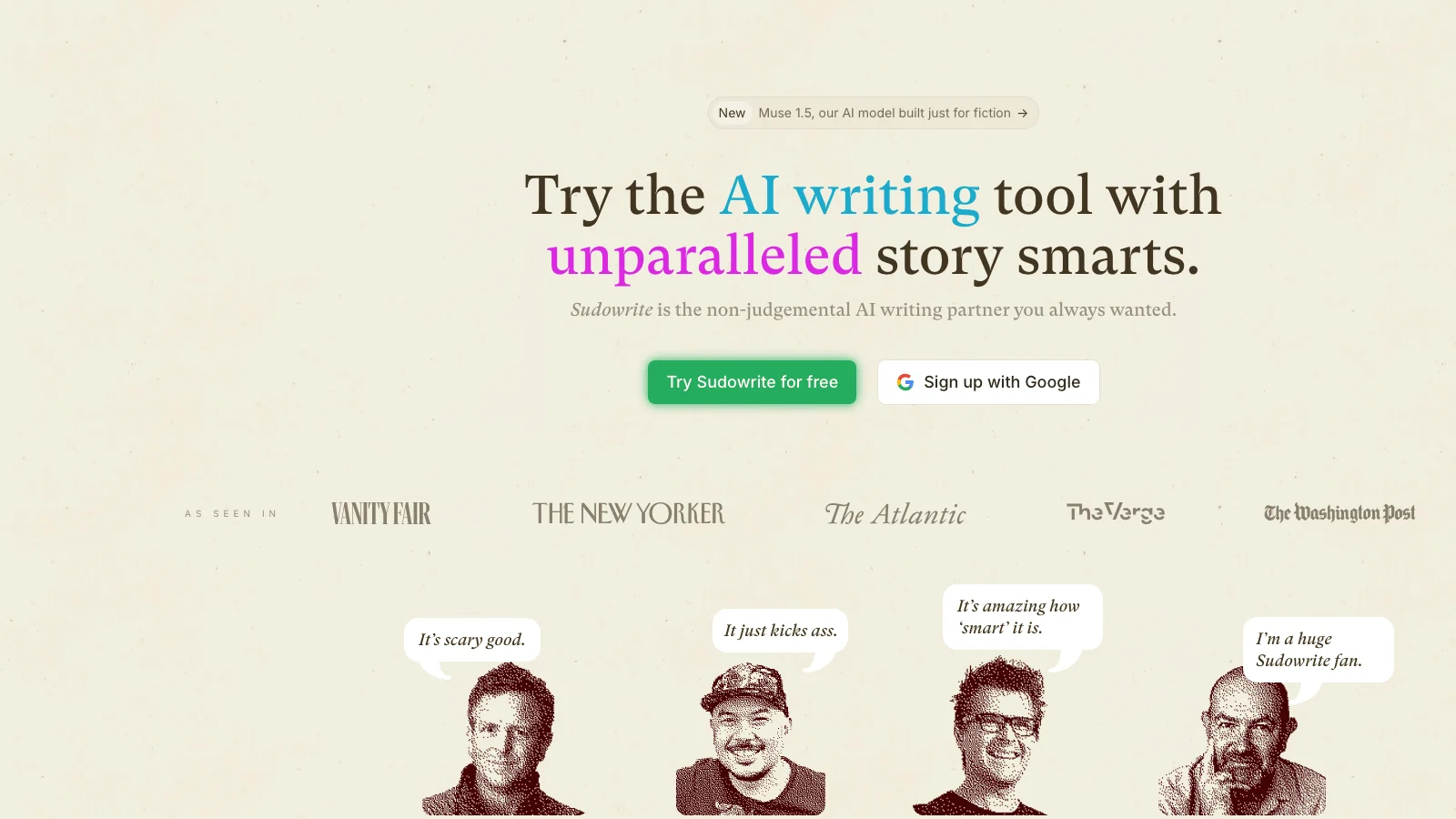 Sudowrite homepage showing an AI writing tool built for fiction, not a complete Scribe Media alternative for nonfiction business books