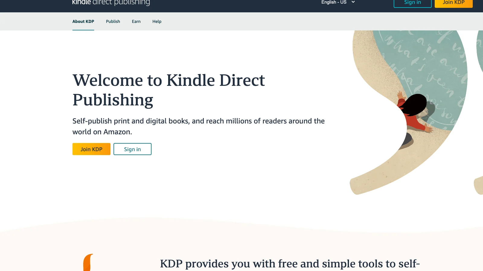 Amazon Kindle Direct Publishing homepage, the platform where self-published coaching books are published without a managed firm