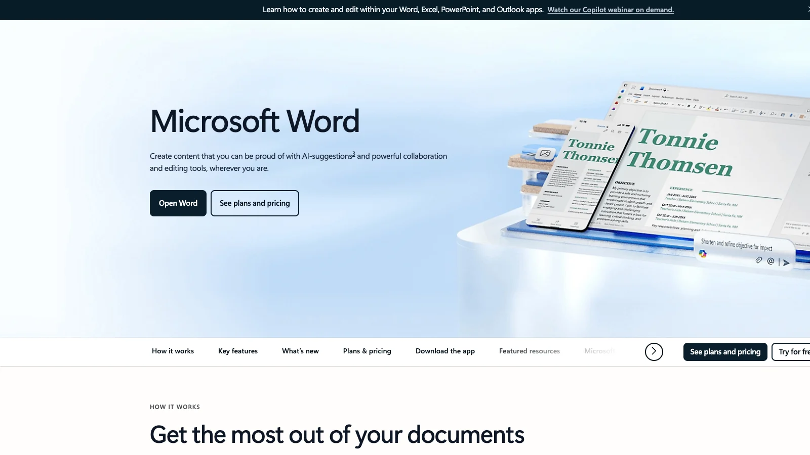 Microsoft Word product page showing the Word interface and the headline Create content you can be proud of, with editing and collaboration features highlighted