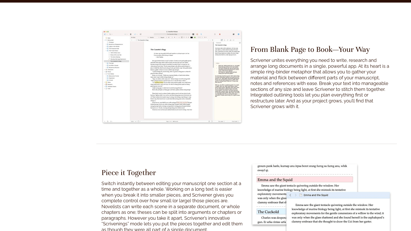 Scrivener's binder and Scrivenings view showing a manuscript broken into separate chapter and section documents on the left, with the writing pane combining them on the right