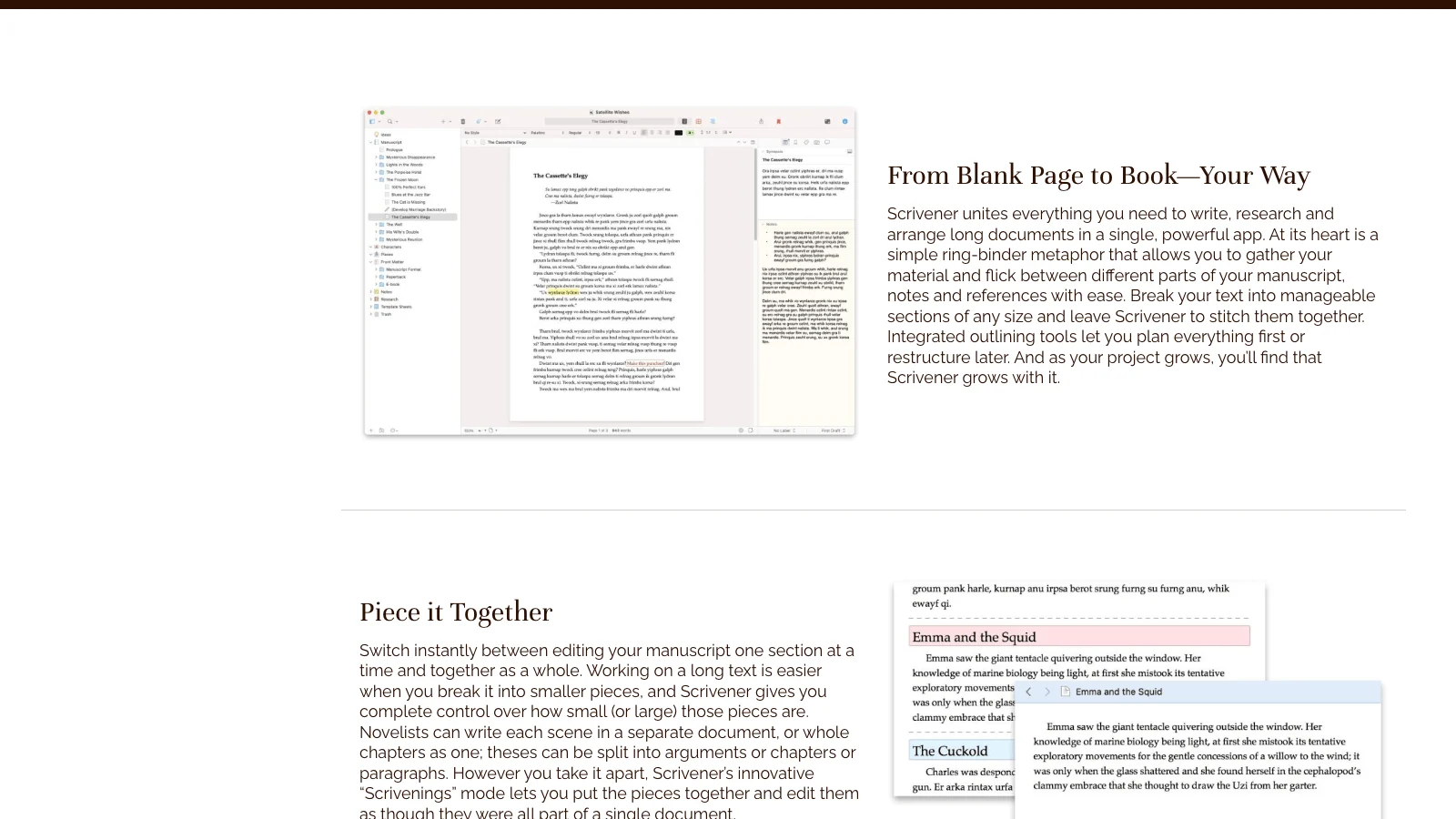 Scrivener's binder and Scrivenings view showing a manuscript broken into separate chapter and section documents on the left, with the writing pane combining them on the right