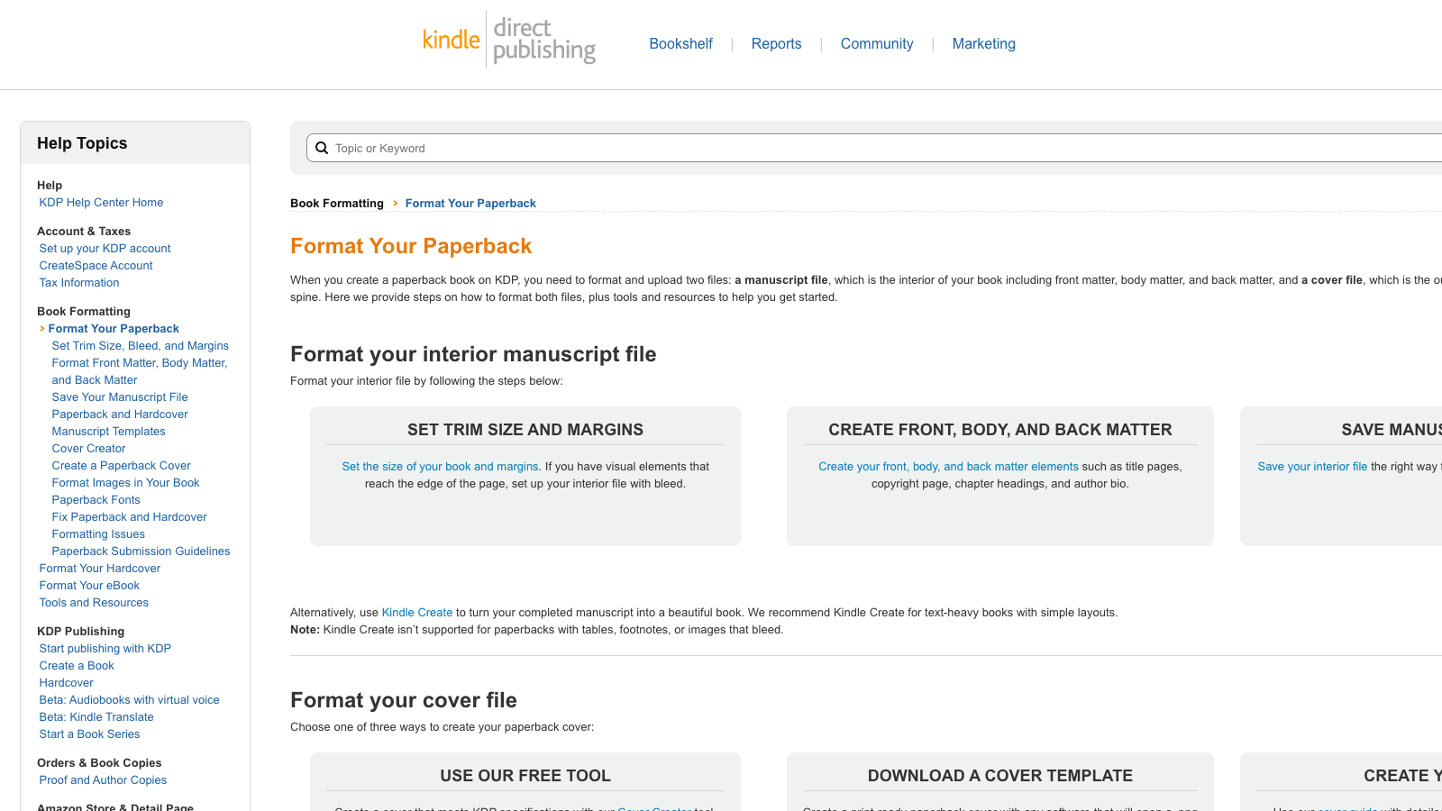 Amazon KDP Format Your Paperback help page showing the required steps: set trim size and margins, create front body and back matter, and save the manuscript file