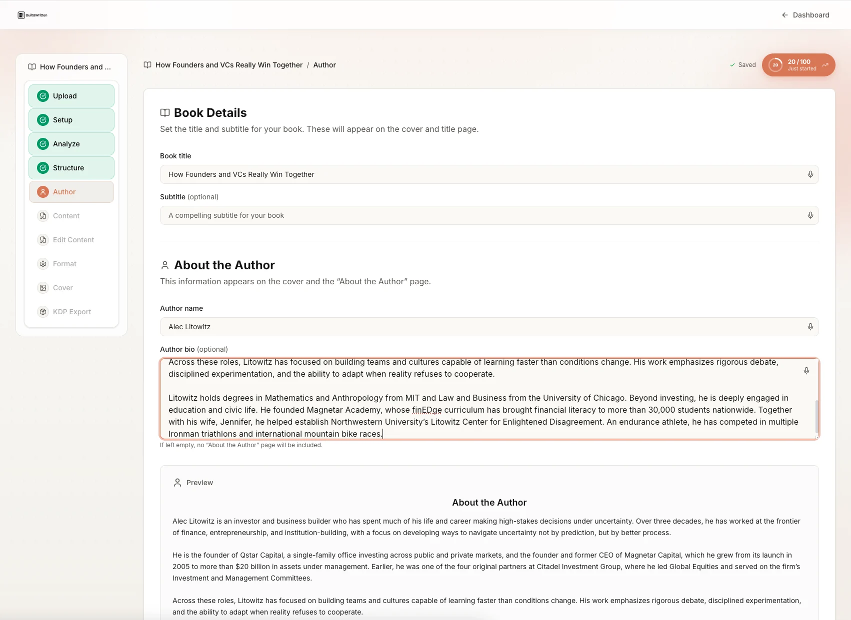Built&Written author setup: Book Details and About the Author wizard