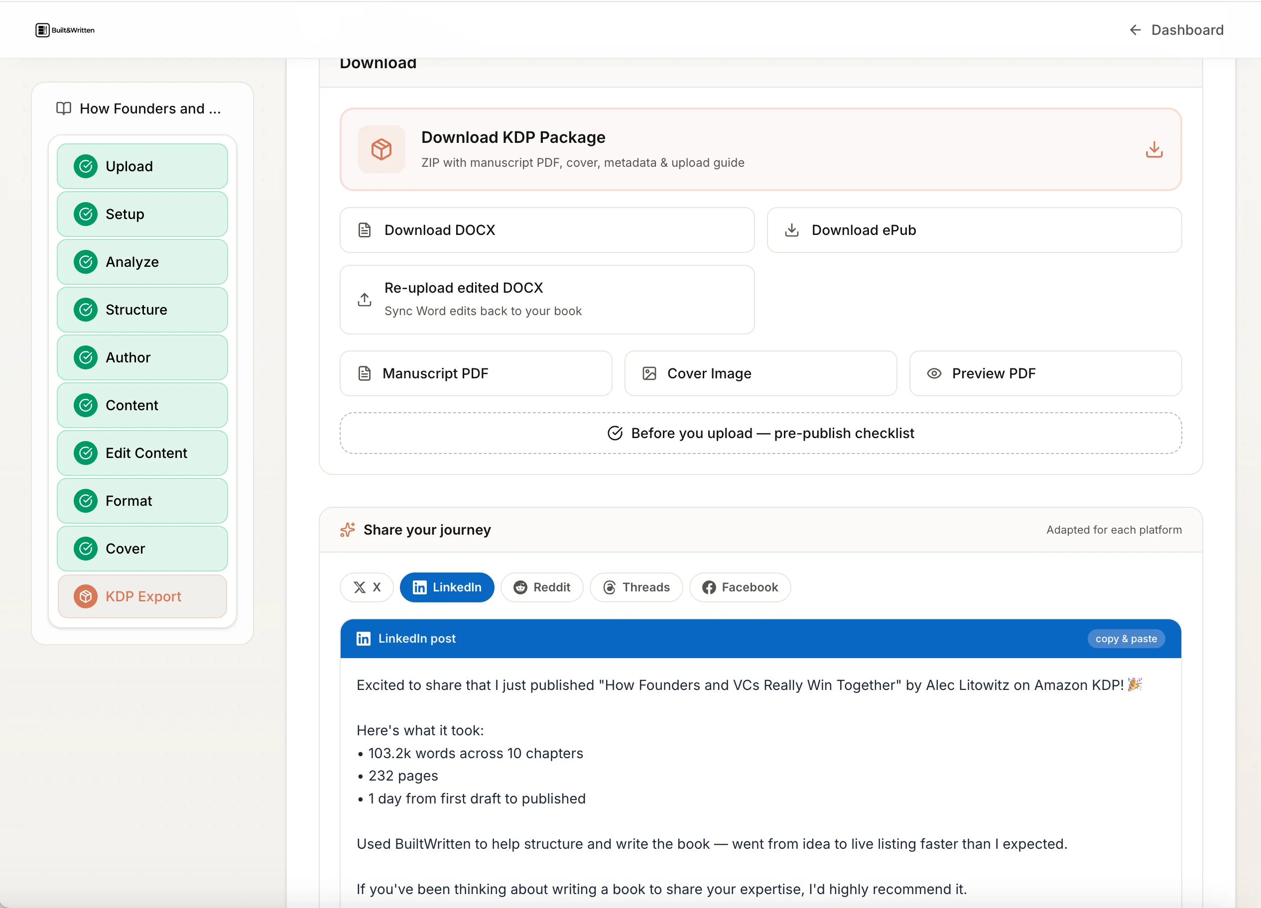 Built&Written: KDP package download view with DOCX, ePub, and pre-filled LinkedIn post