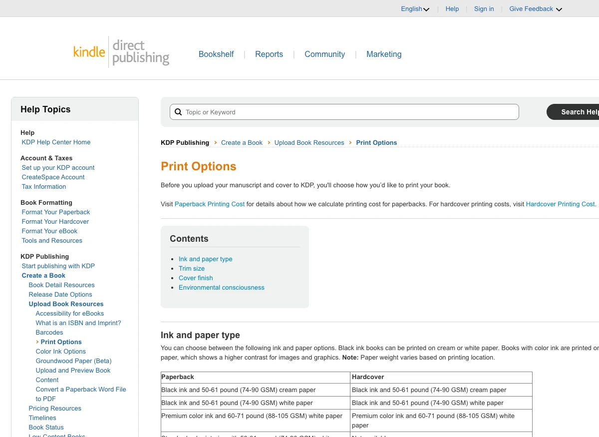 Amazon KDP help center: Print Options page