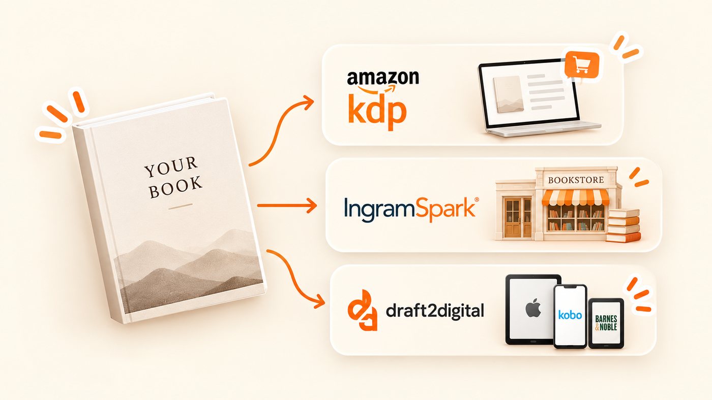 A book labeled Your Book with three arrows leading to Amazon KDP with a laptop store page, IngramSpark with a bookstore front, and Draft2Digital with Apple, Kobo, and Barnes & Noble devices