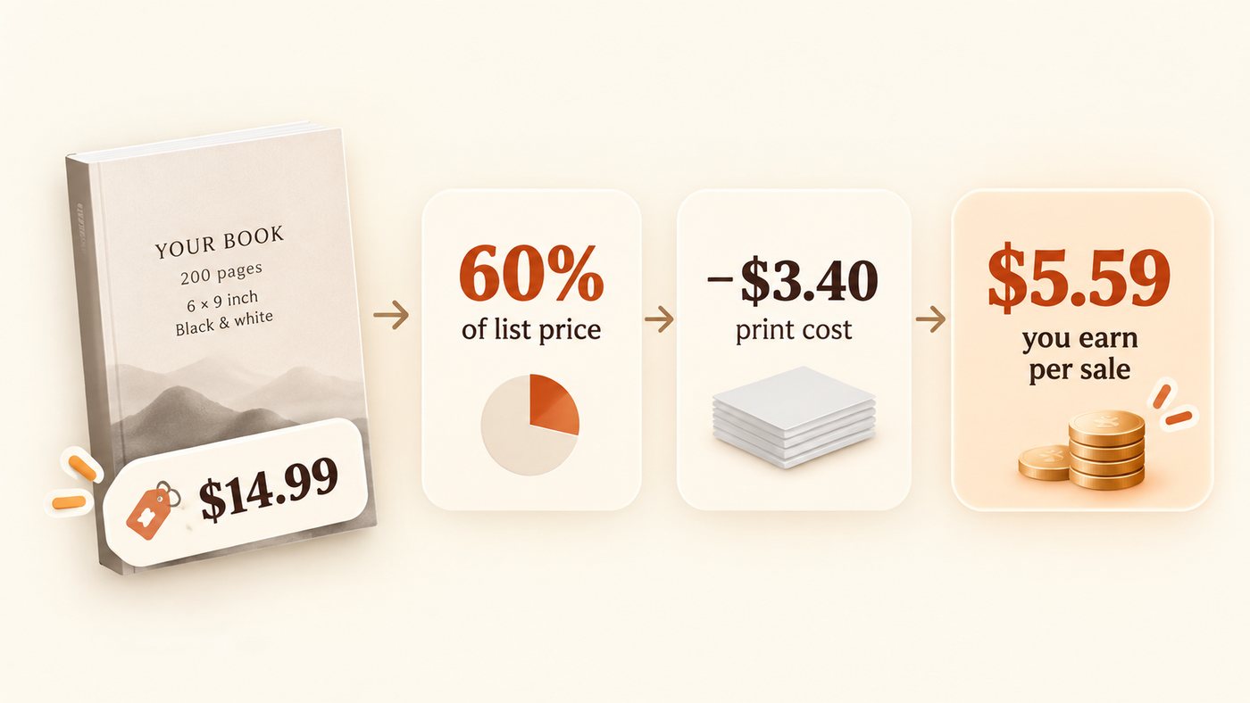 Royalty math for a 200-page, 6 x 9 inch black-and-white paperback priced at $14.99: 60% of list price, minus $3.40 print cost, leaves $5.59 per sale