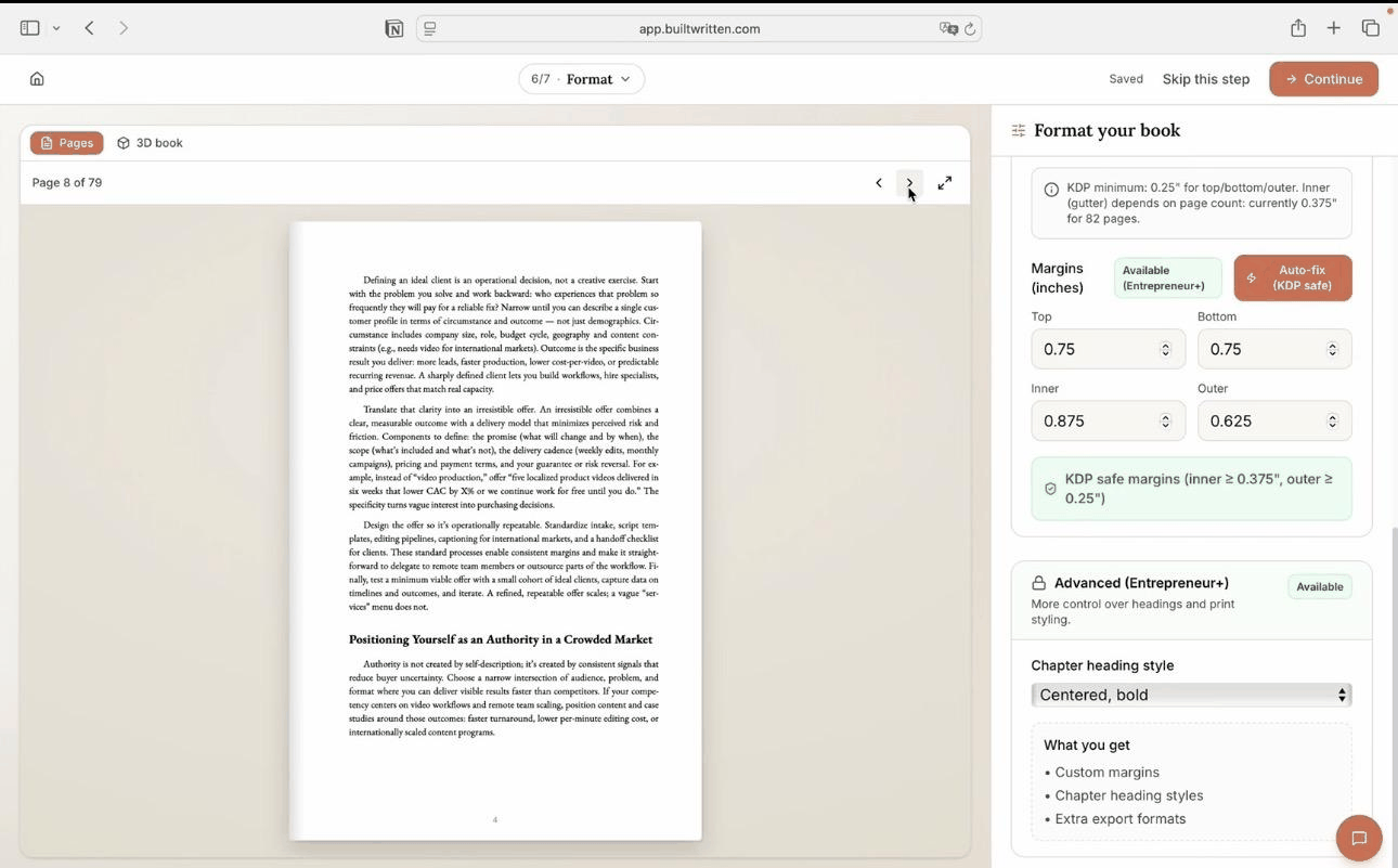 Built&Written Format step showing page 8 of 79 in the preview and the Format your book panel with margin fields and an Auto-fix (KDP safe) button confirming KDP-safe margins