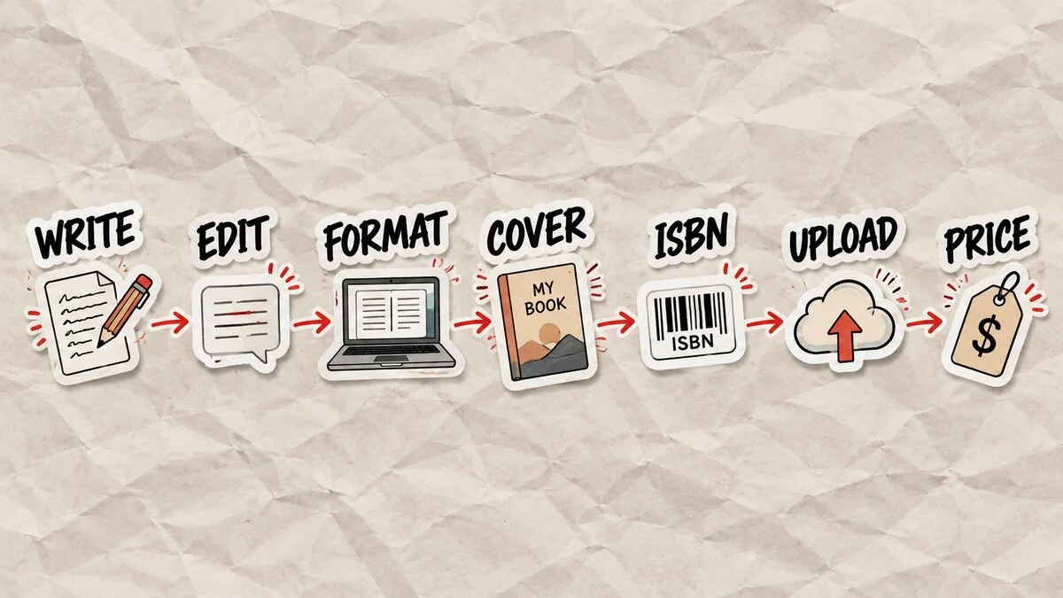 The seven stages of self-publishing software in order: write, edit, format, cover, ISBN, upload, and price