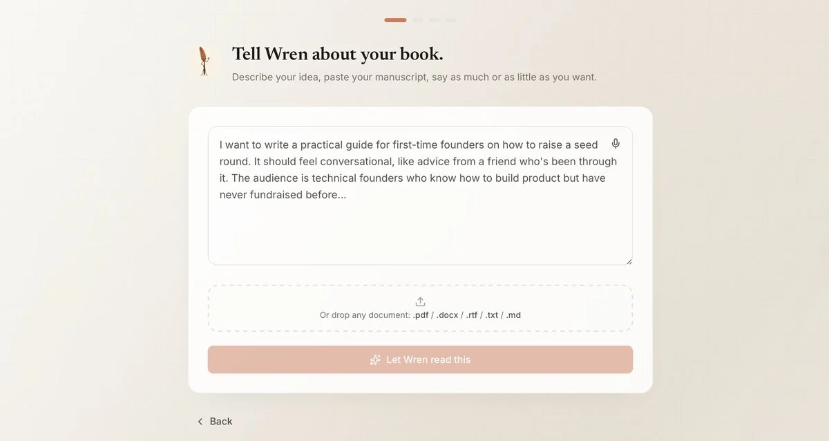 Built&Written's opening screen asking the author to describe the book or drop in an existing document