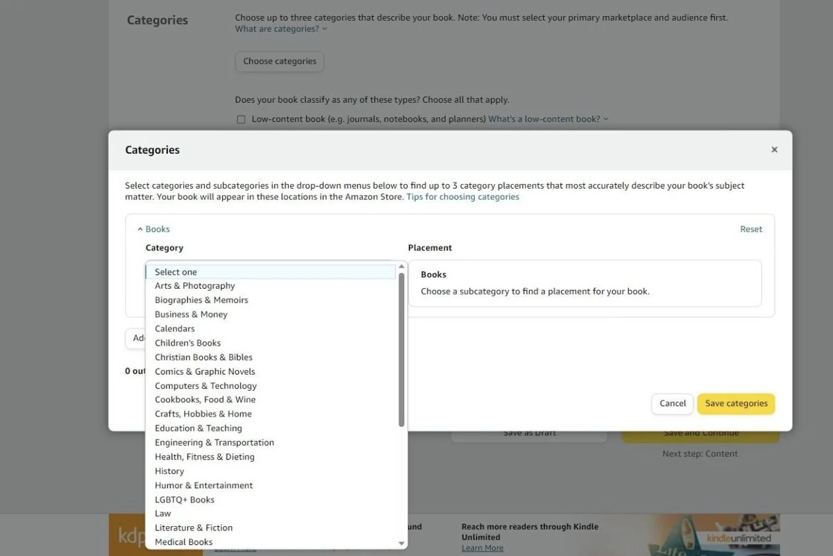 Amazon KDP's category picker showing the selection of up to three categories for a book listing