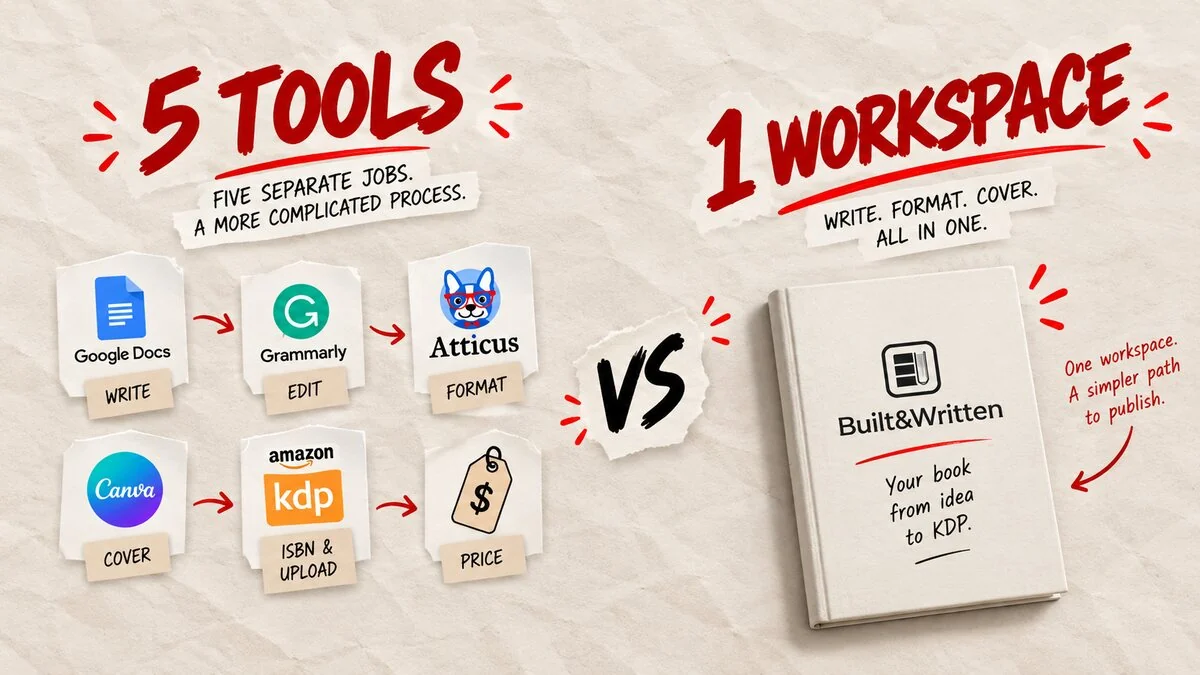 Five separate self-publishing tools for five separate jobs compared with one workspace covering writing, formatting, and the cover