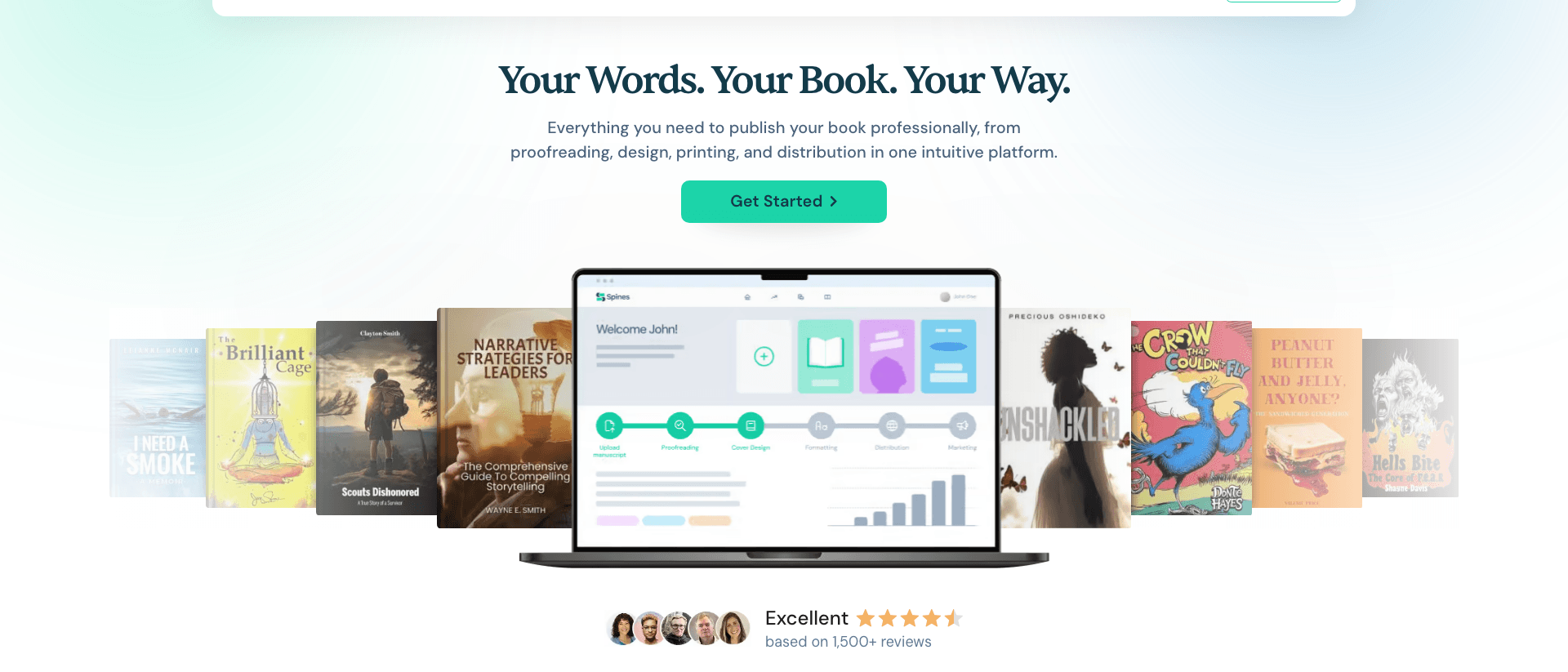 Spines AI book publishing homepage showing its done-for-you publishing promise