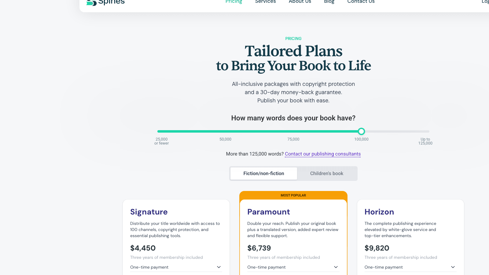 Spines pricing page showing Signature, Paramount, and Horizon package tiers priced by manuscript length